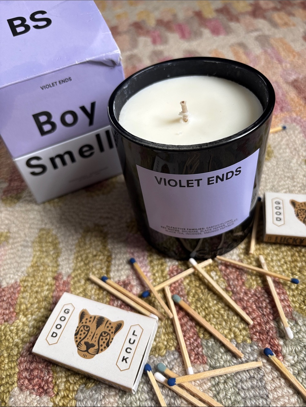 Boy Smells Violet Ends 8.5 ounce scented candle NWT very messy box